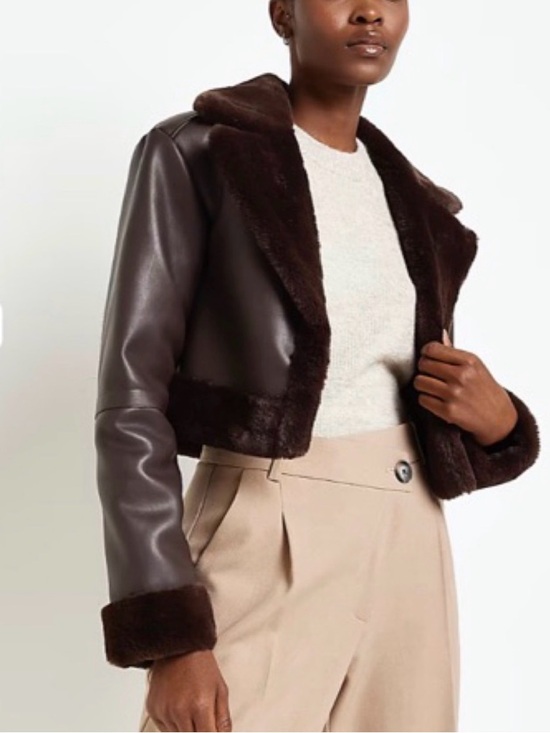 River Island Jackets & Blazers - River Island Cropped Brown Faux-Leather Shearling Jacket